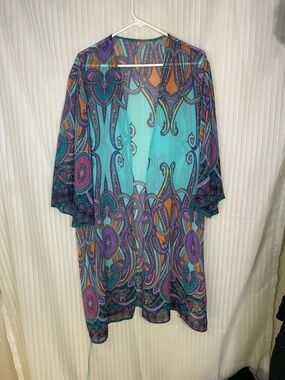 Womens Sheer Kimono Cardigan Paisley Boho Duster Cover Up Teal Purple Orange